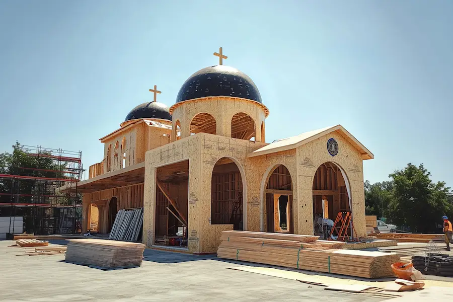 Church under constructions with plywood siding