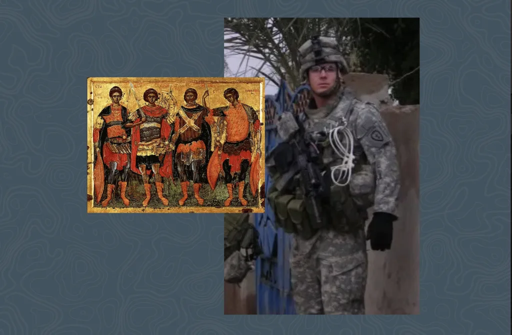Photograph of a soldier in combat gear next to an icon with four soldiers depicted
