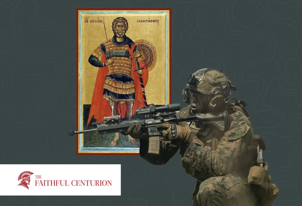Soldier in front of an icon of a soldier and the inscription "The Faithful Centurion"