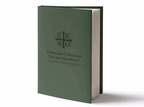 Picture of the Orthodox Christian Service Members' Pocket Prayer Book in green with the Chi Rho cross