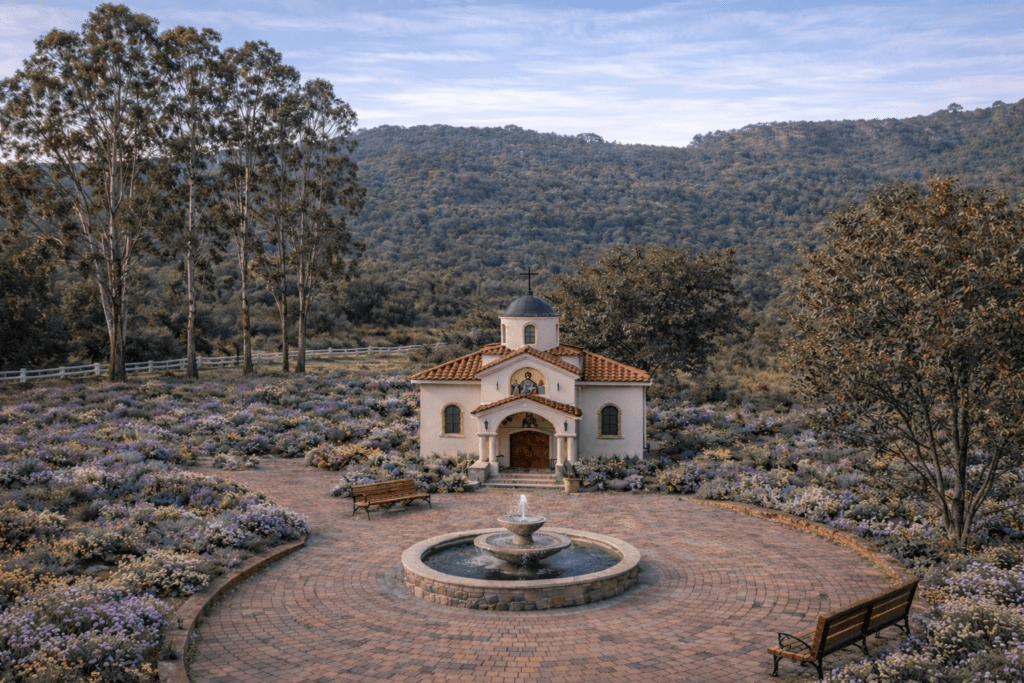 Rendering of the chapel with a circular courtyard including a fountain and benches